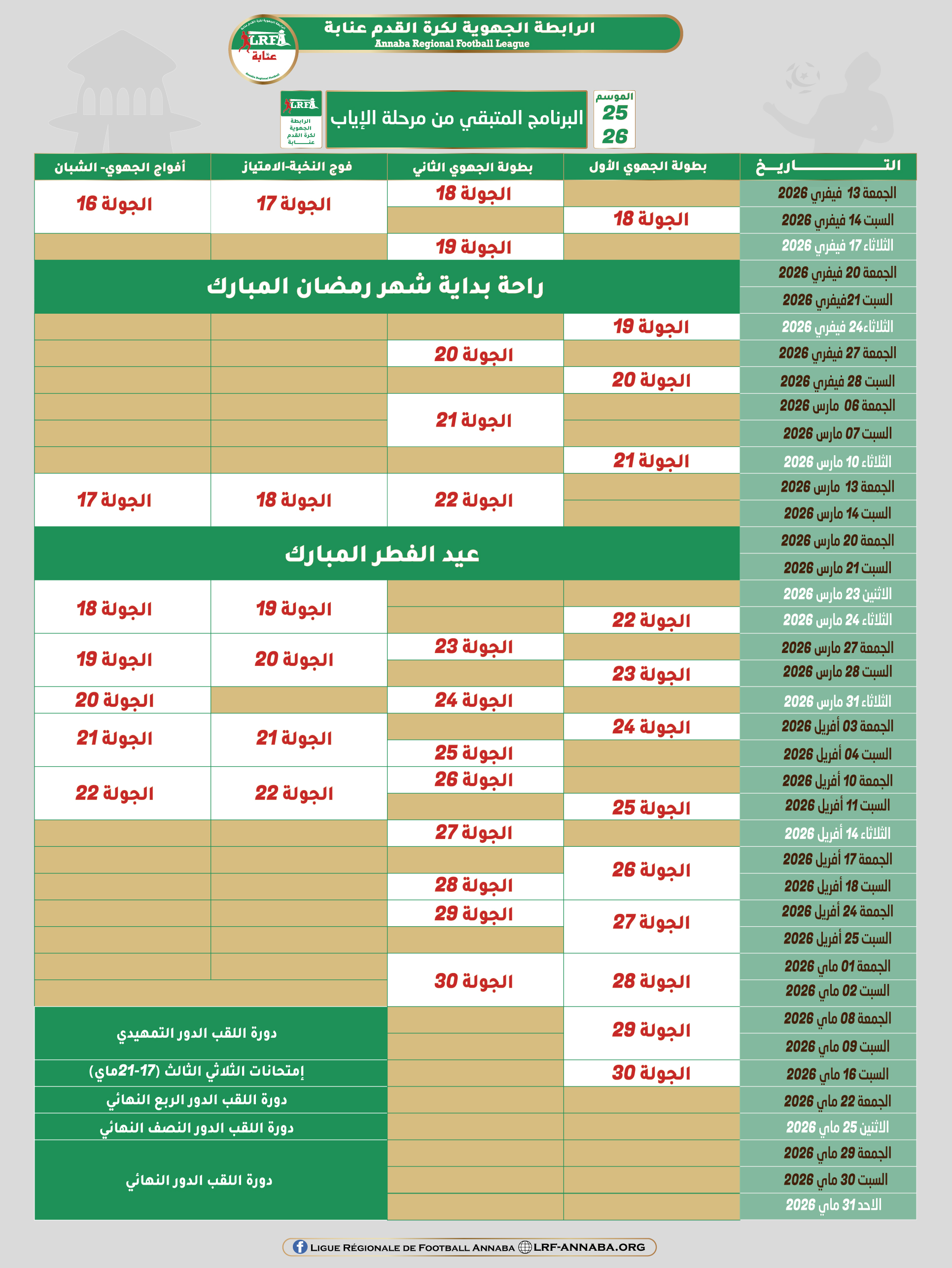 البرنامج المتبقي من مرحلة الإياب موسم 2025/2026